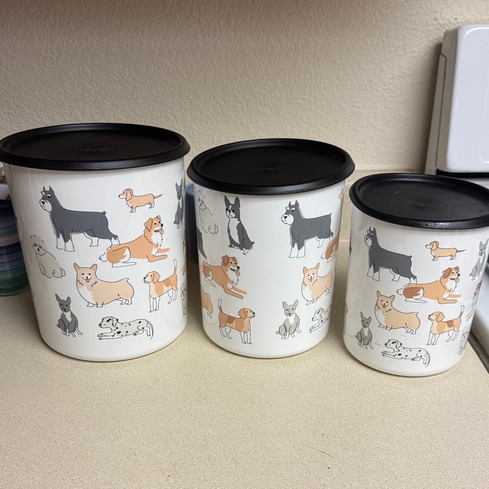 Tupperware Dog Print Canisters with Black Lids